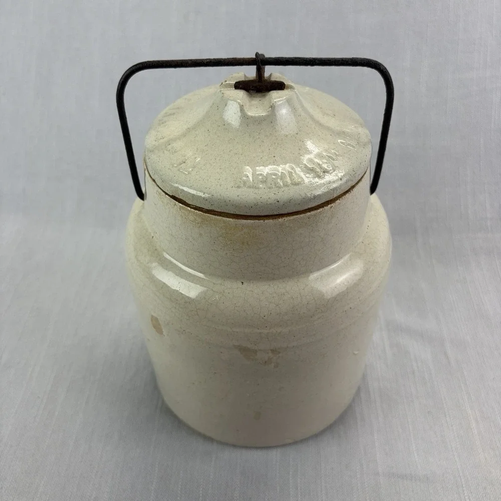Vintage April Fool Stoneware Crock Jar with Lid & Wire Bail Handle Off-White